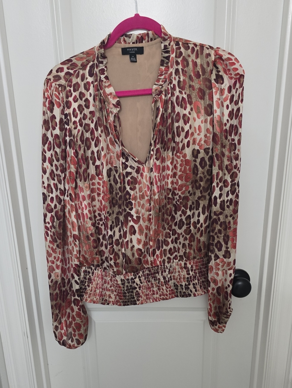 Have Women's Leopard Print Long-Sleeve Blouse in Brown and Pink Tones